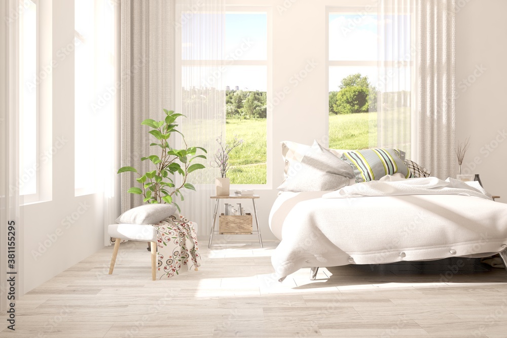 Stylish bedroom in white color with summer landscape in window. Scandinavian interior design. 3D ill