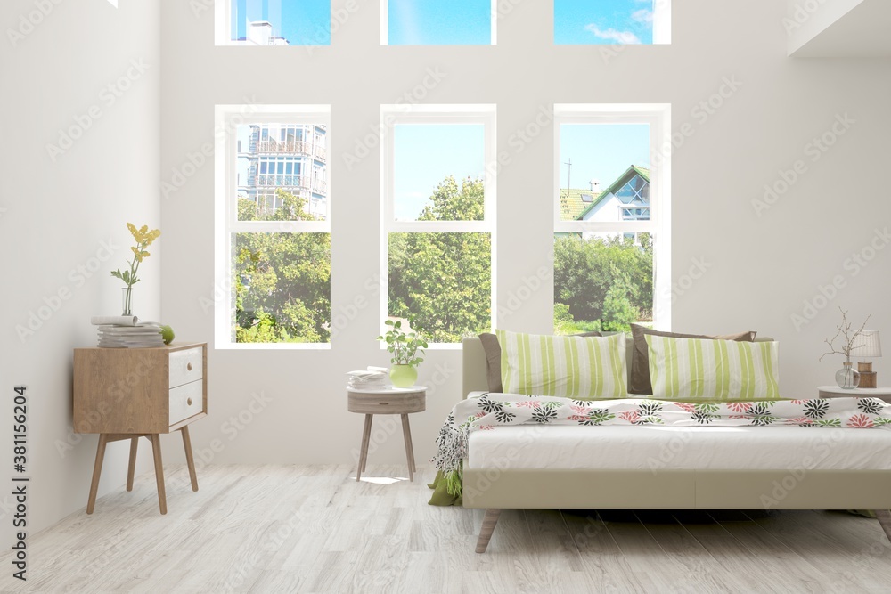 Stylish bedroom in white color with summer landscape in window. Scandinavian interior design. 3D ill