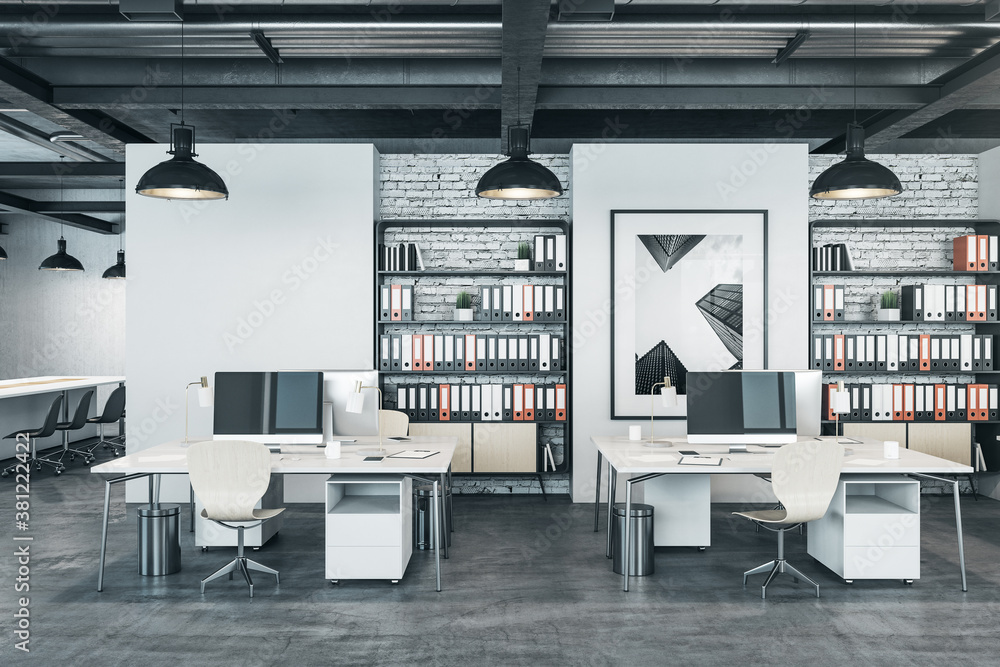 Modern coworking office interior with picture on wall.