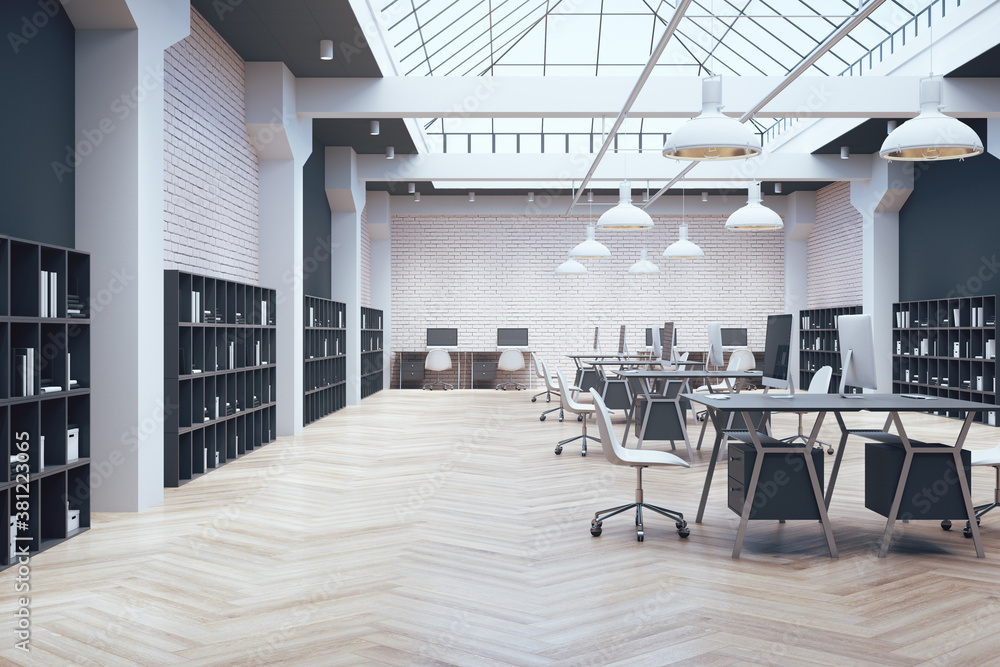 Hipster office in a loft style with large skylight