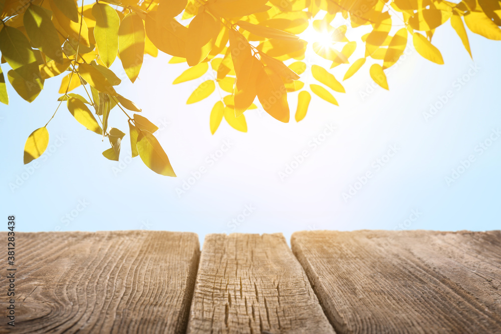 Empty wooden table outdoors, closeup