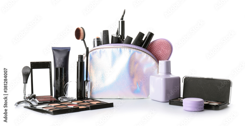 Makeup bag with decorative cosmetics on white background