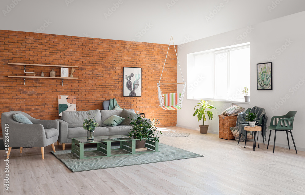 Interior of living room with stylish hammock