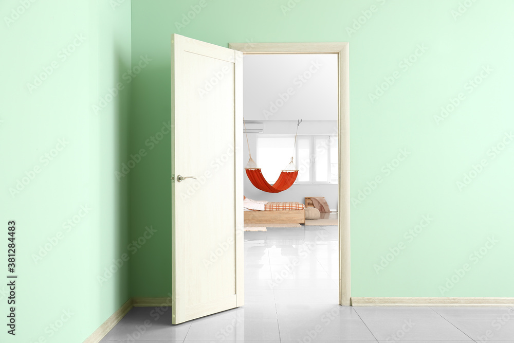 View of living room through open door