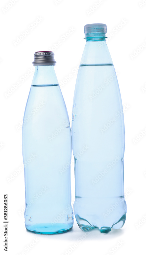 Bottles of clean water on white background