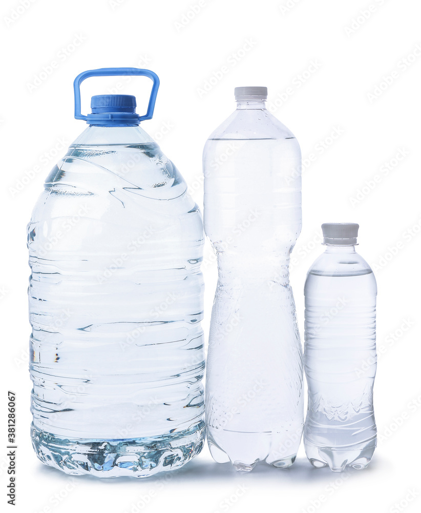 Bottles of clean water on white background