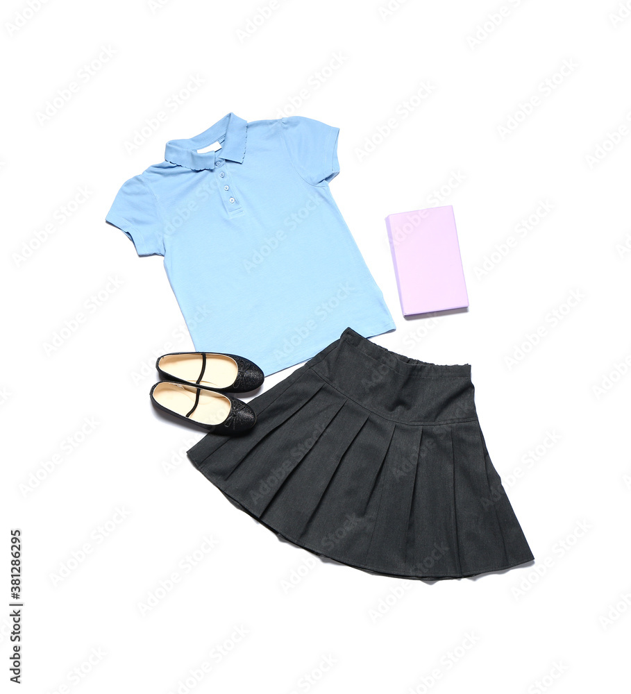 Stylish school uniform on white background