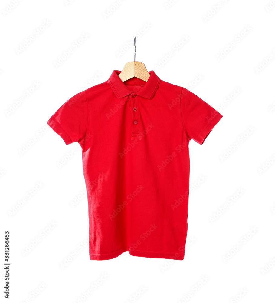 Hanger with stylish school uniform on white background