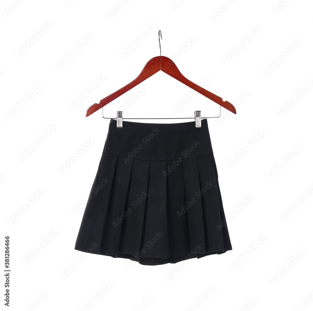 Hanger with stylish school uniform on white background