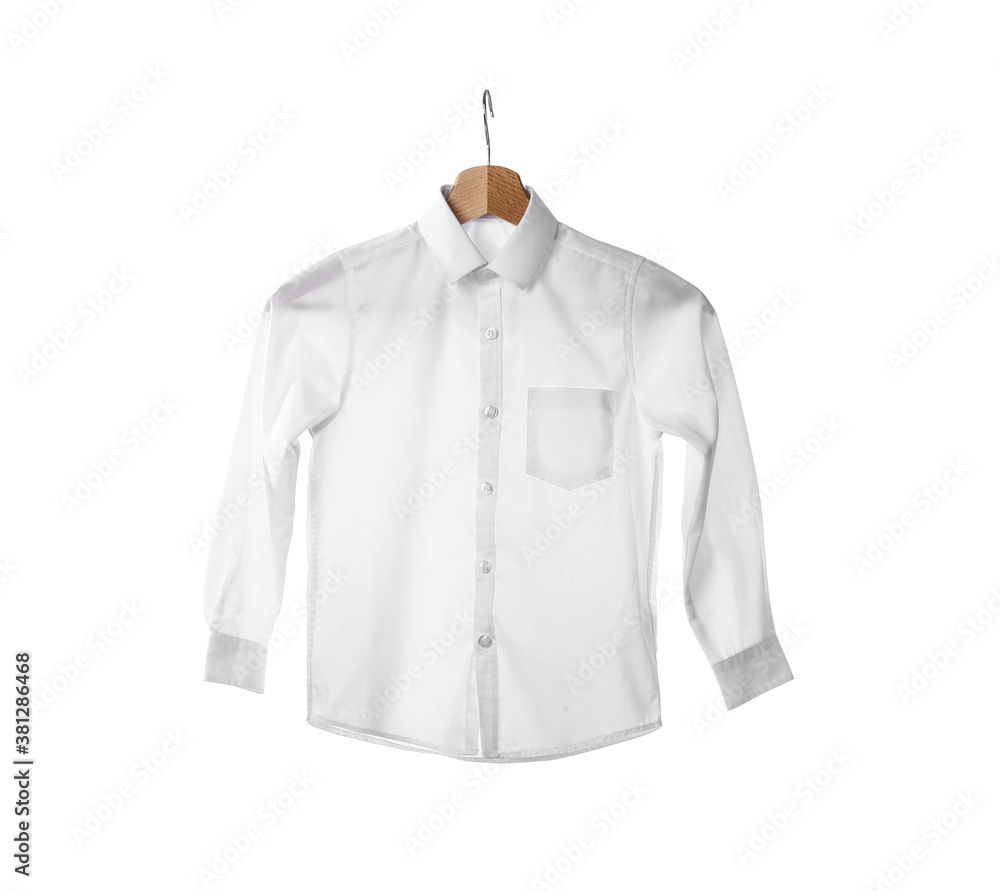 Hanger with stylish school uniform on white background