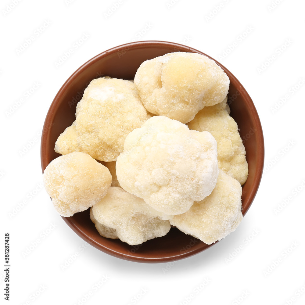 Bowl with frozen cauliflower on white background