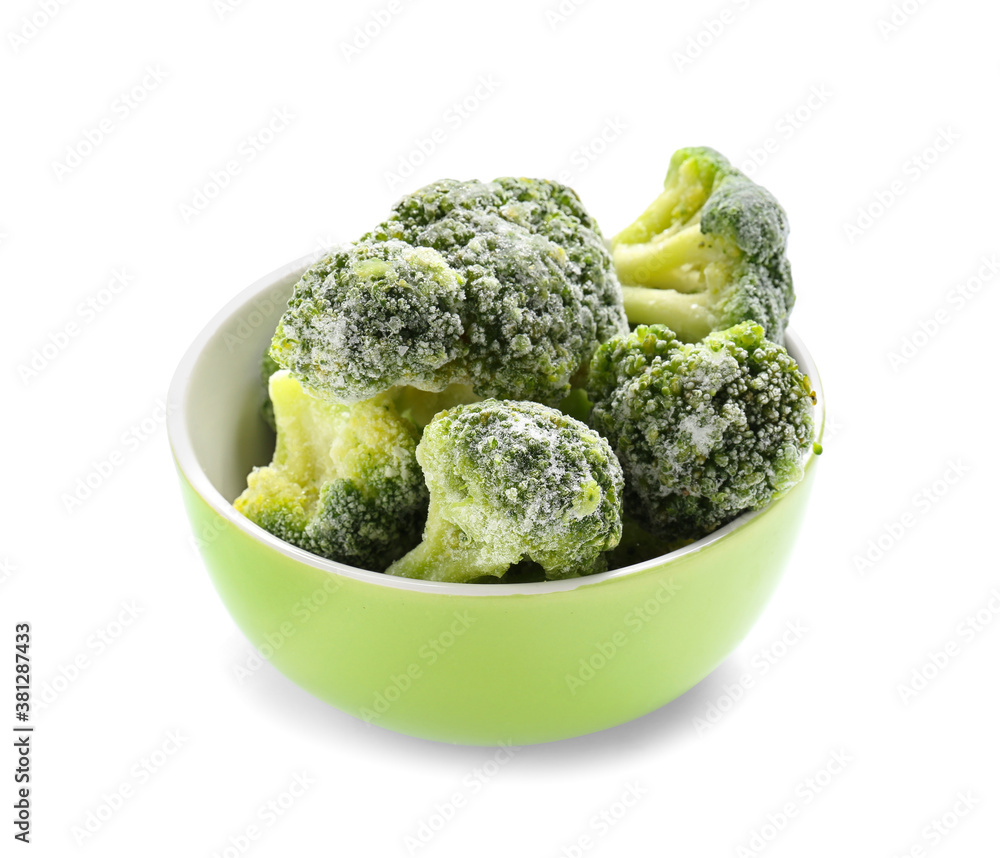 Bowl with frozen broccoli on white background