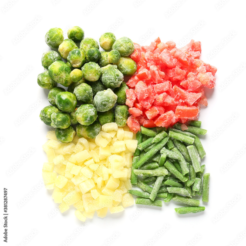 Mix of frozen vegetables on white background