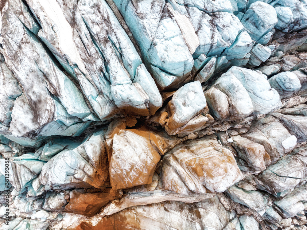 aerial view of glacier from above, ice texture landscape,