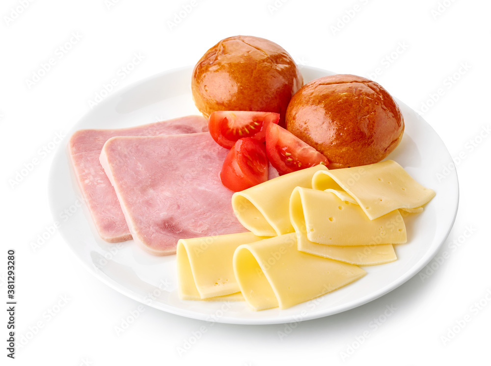 breakfast plate of pork ham sausage and cheese