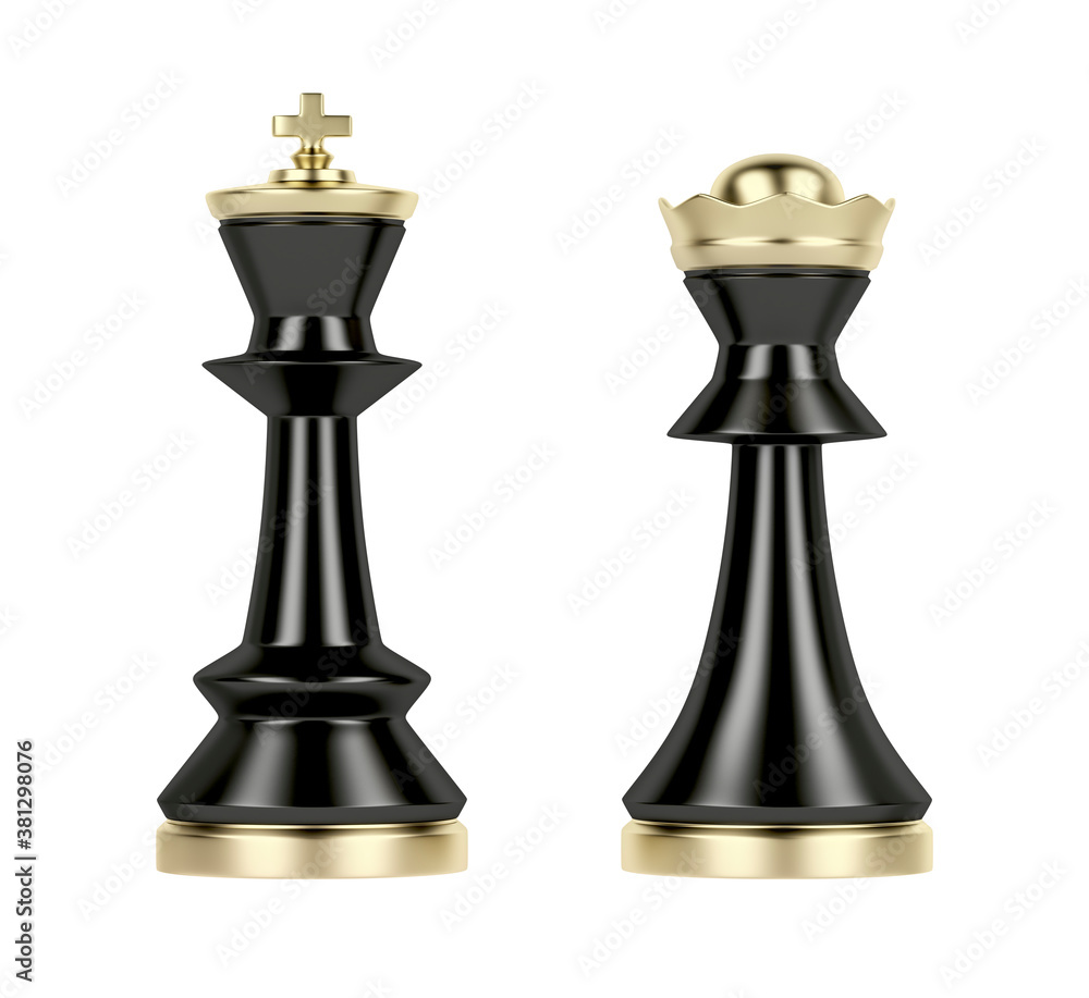 Black queen and king chess pieces on white background, front view