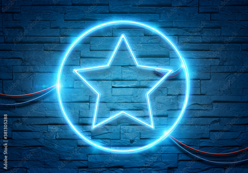 Star neon icon illuminating a brick wall with blue glowing light 3D rendering