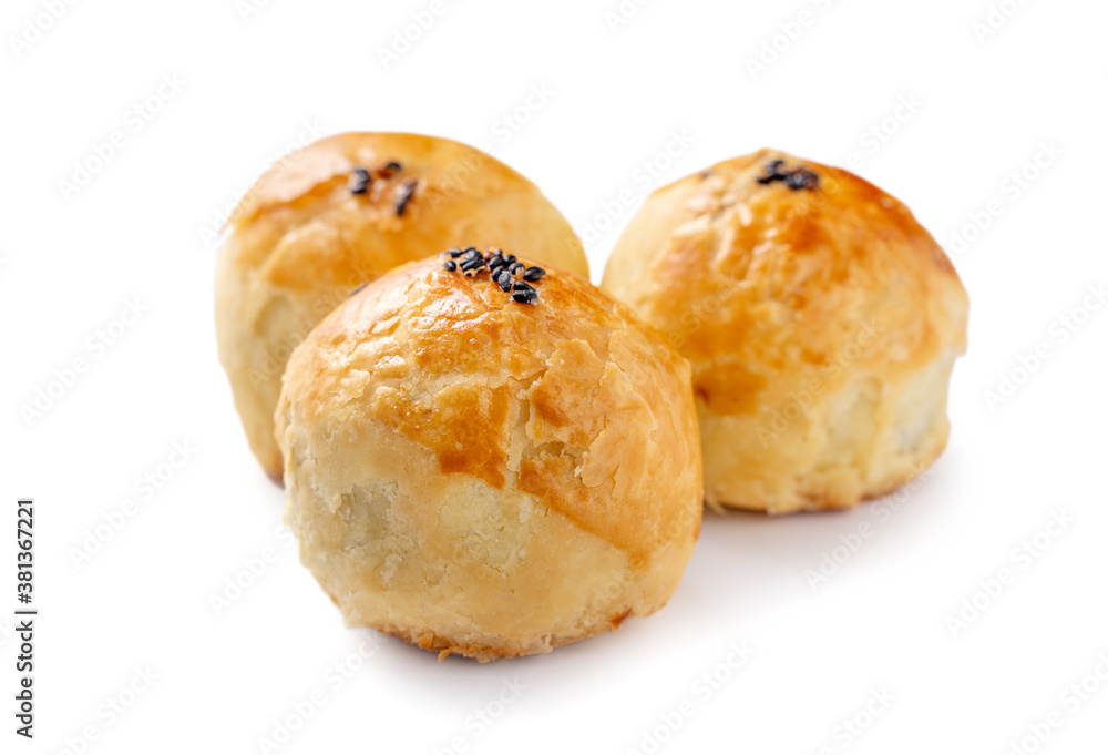 Delicious yolk pastry moon cake for Mid-Autumn Festival food isolated on white background.