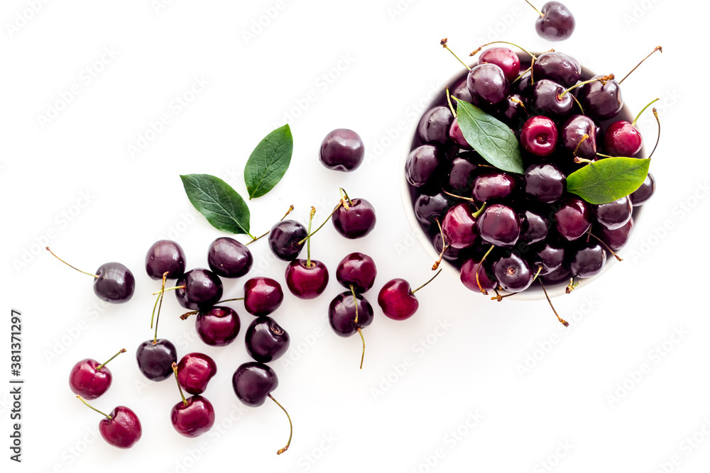 Ripe juicy cherries berries background. Overhead view, flat lay