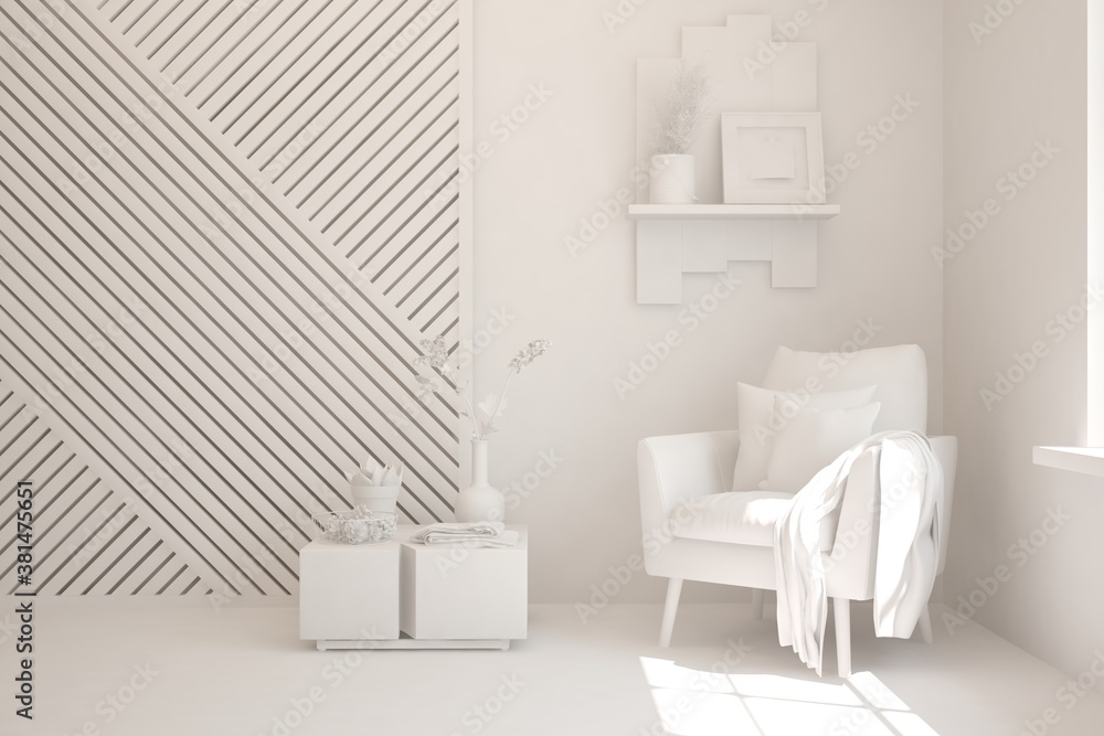 Mock up of stylish room in white color with armchair. Scandinavian interior design. 3D illustration