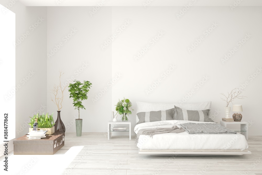 White bedroom interior. Scandinavian design. 3D illustration