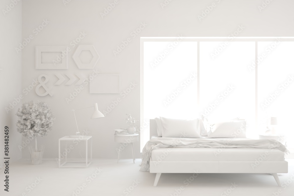 Modern bedroom in white color. Scandinavian interior design. 3D illustration