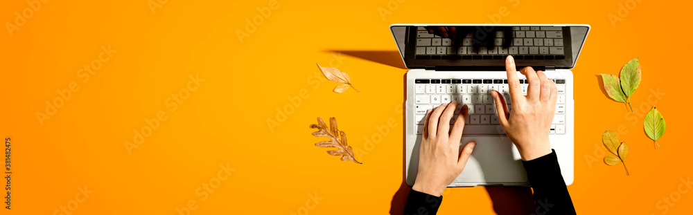 Autumn leaves with person using a laptop computer from above