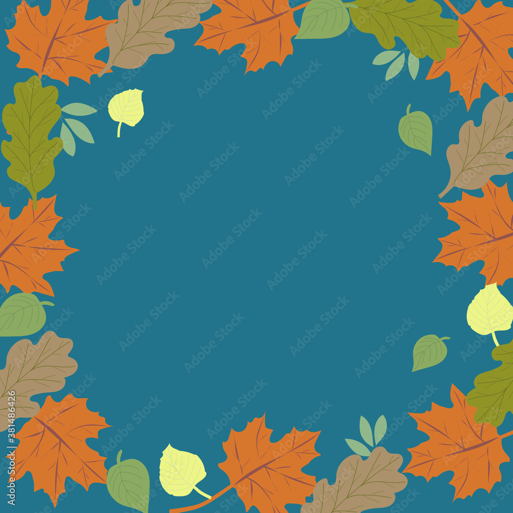 Square frame of autumn leaves of various trees. Autumn background design for your text, illustration