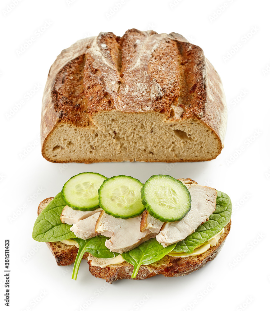 breakfast sandwich with chicken meat and cucumber