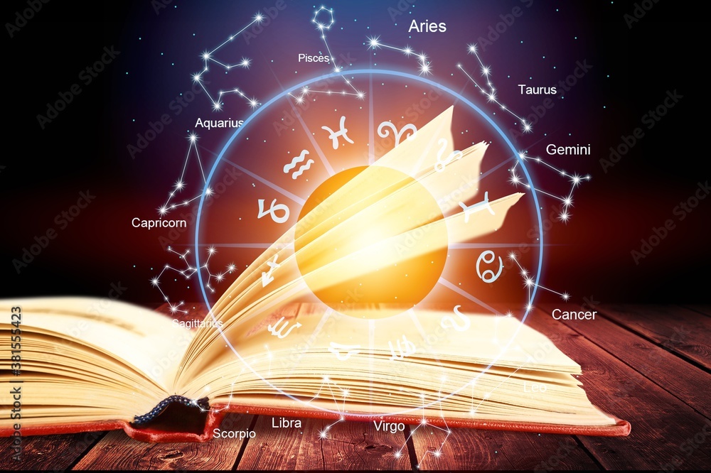 Horoscope astrology zodiac illustration with old book