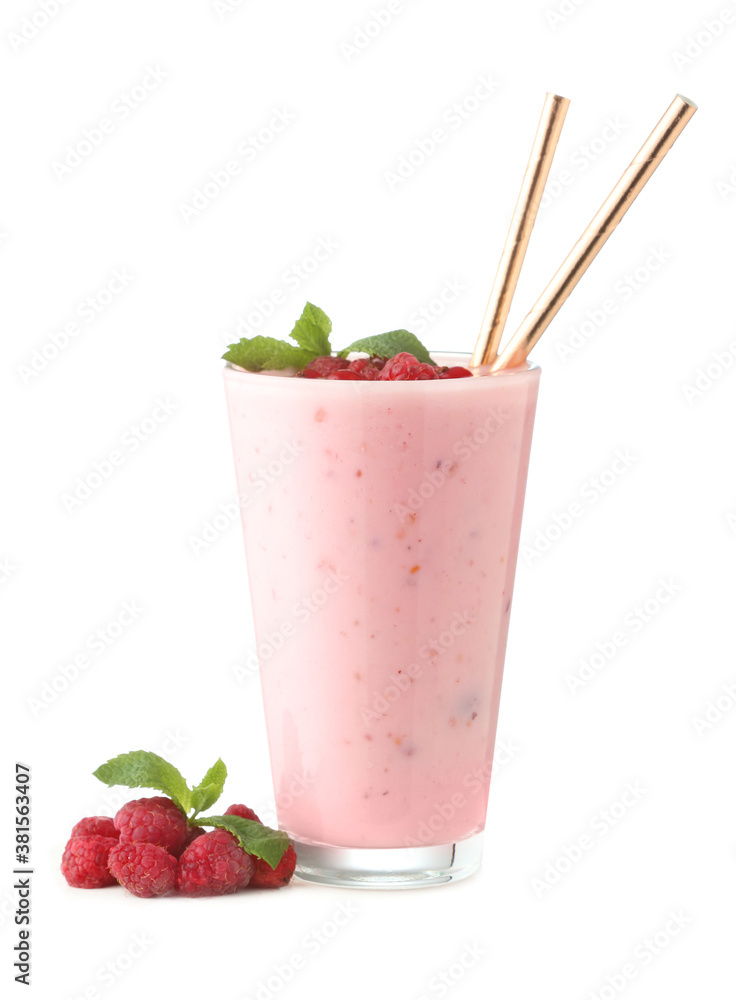 Glass of tasty berry smoothie on white background