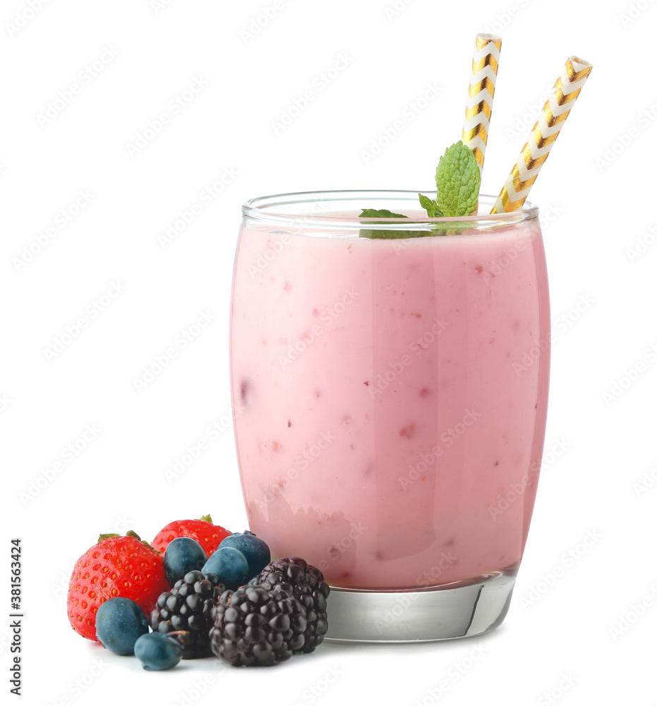 Glass of tasty berry smoothie on white background