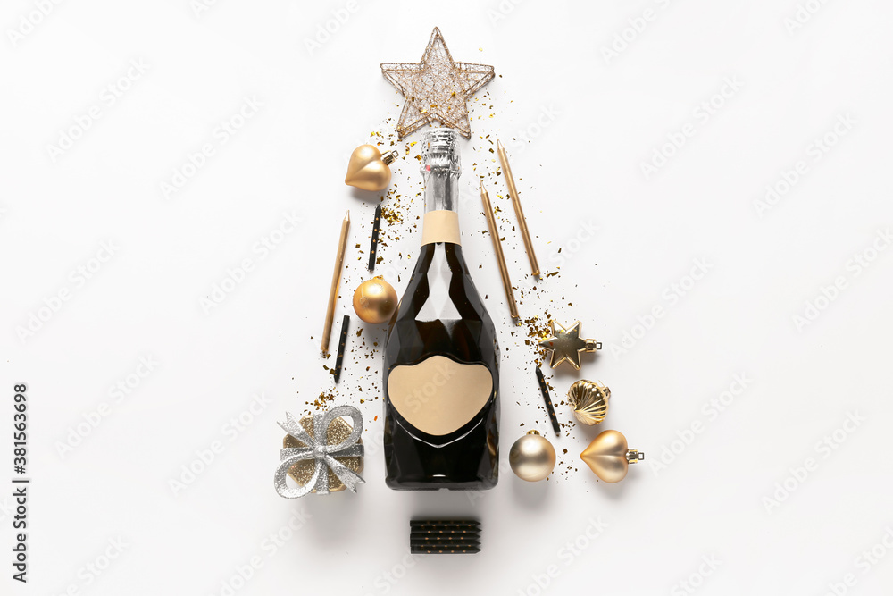 Beautiful New Year composition with champagne on light background