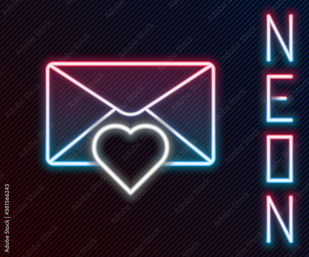 Glowing neon line Envelope with Valentine heart icon isolated on black background. Message love. Let