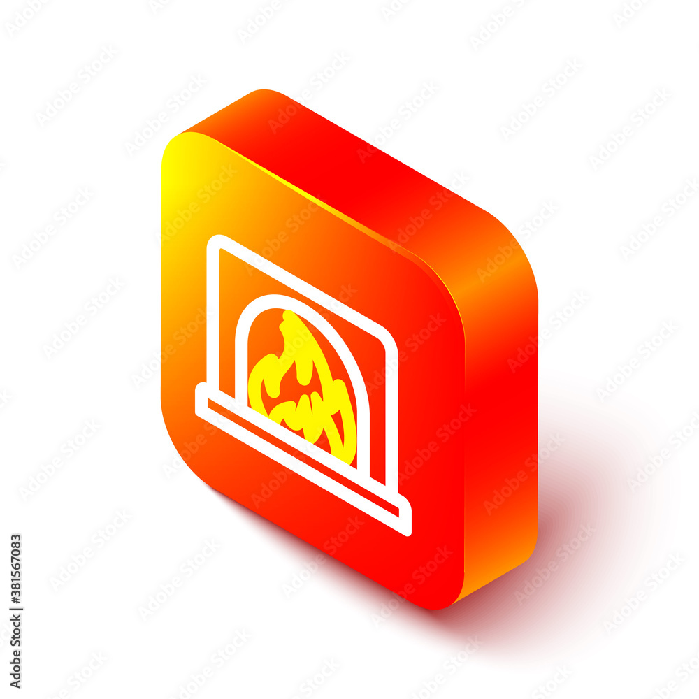 Isometric line Interior fireplace icon isolated on white background. Orange square button. Vector Il