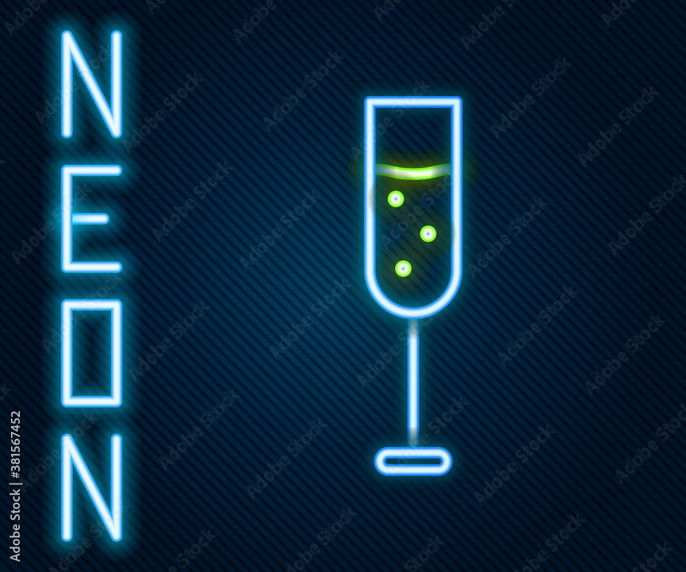 Glowing neon line Glass of champagne icon isolated on black background. Colorful outline concept. Ve