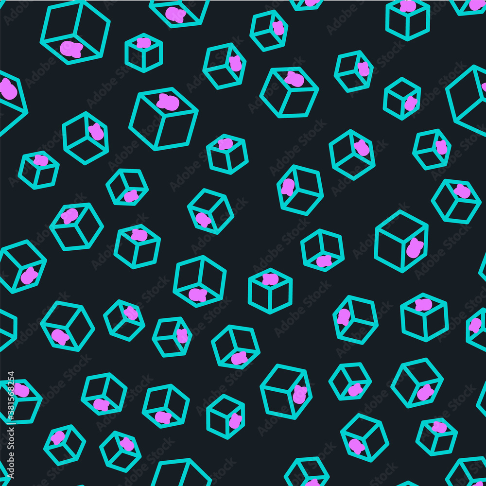 Line Isometric cube icon isolated seamless pattern on black background. Geometric cubes solid icon. 