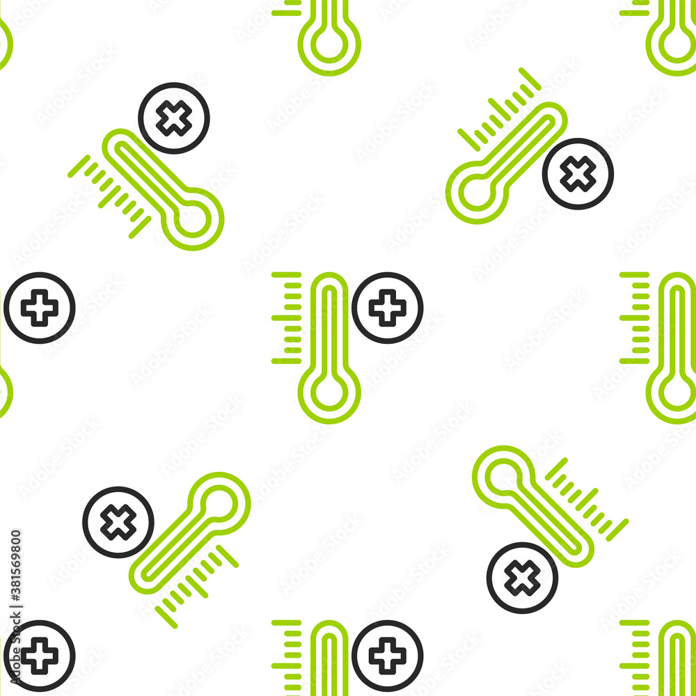 Line Meteorology thermometer measuring icon isolated seamless pattern on white background. Thermomet