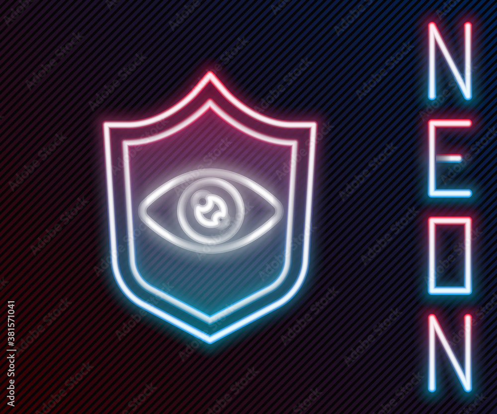 Glowing neon line Shield eye scan icon isolated on black background. Scanning eye. Security check sy