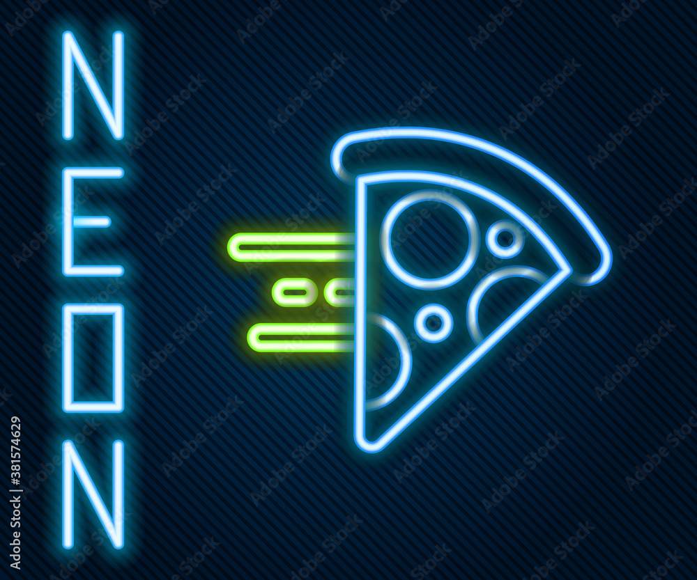 Glowing neon line Online ordering and fast pizza delivery icon isolated on black background. Colorfu