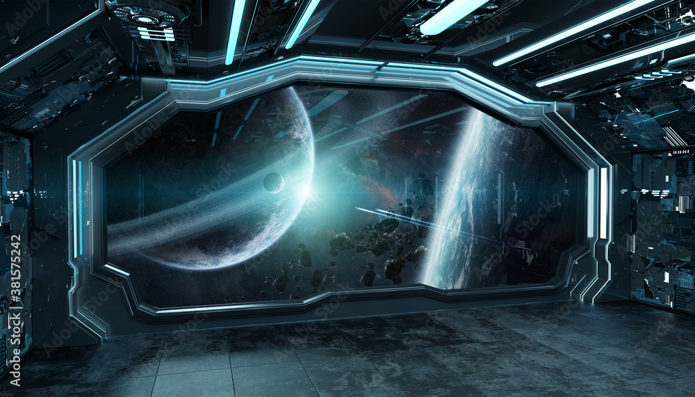 Dark blue spaceship futuristic interior with window view on space and planets 3d rendering