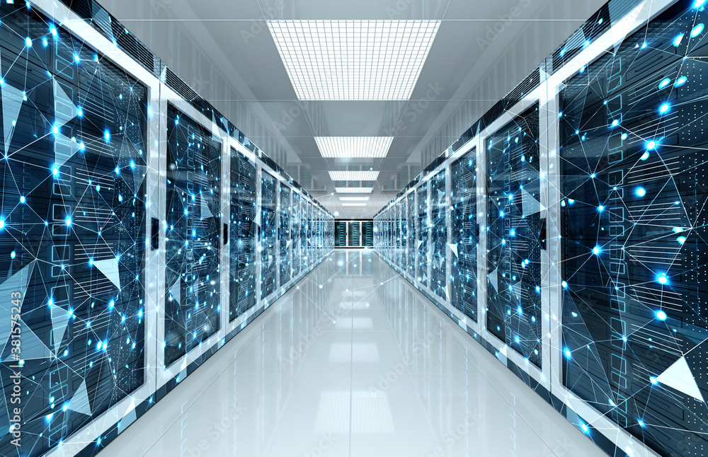 Connection network in servers data center room storage systems 3D rendering