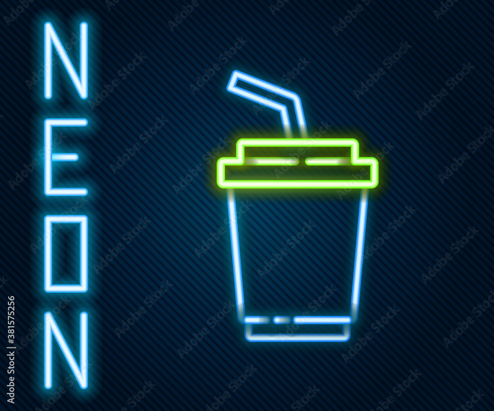 Glowing neon line Paper glass with drinking straw and water icon isolated on black background. Soda 