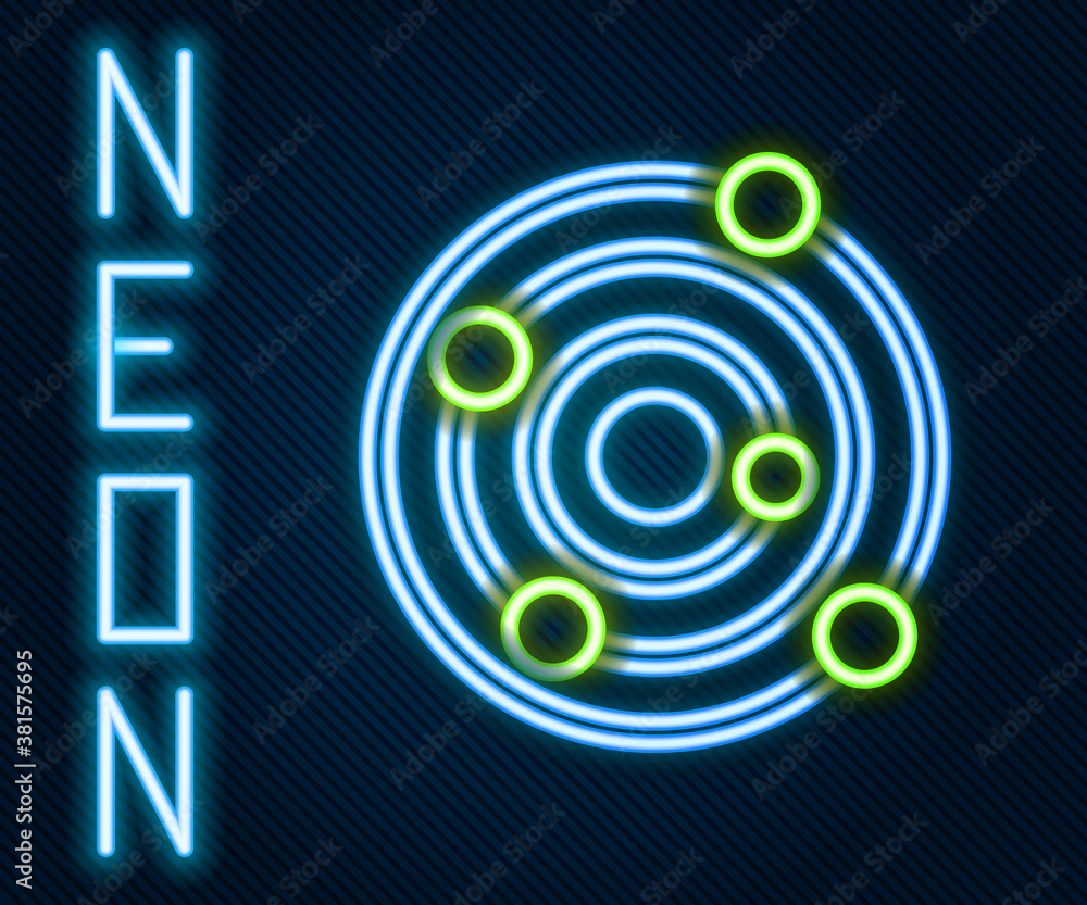 Glowing neon line Solar system icon isolated on black background. The planets revolve around the sta