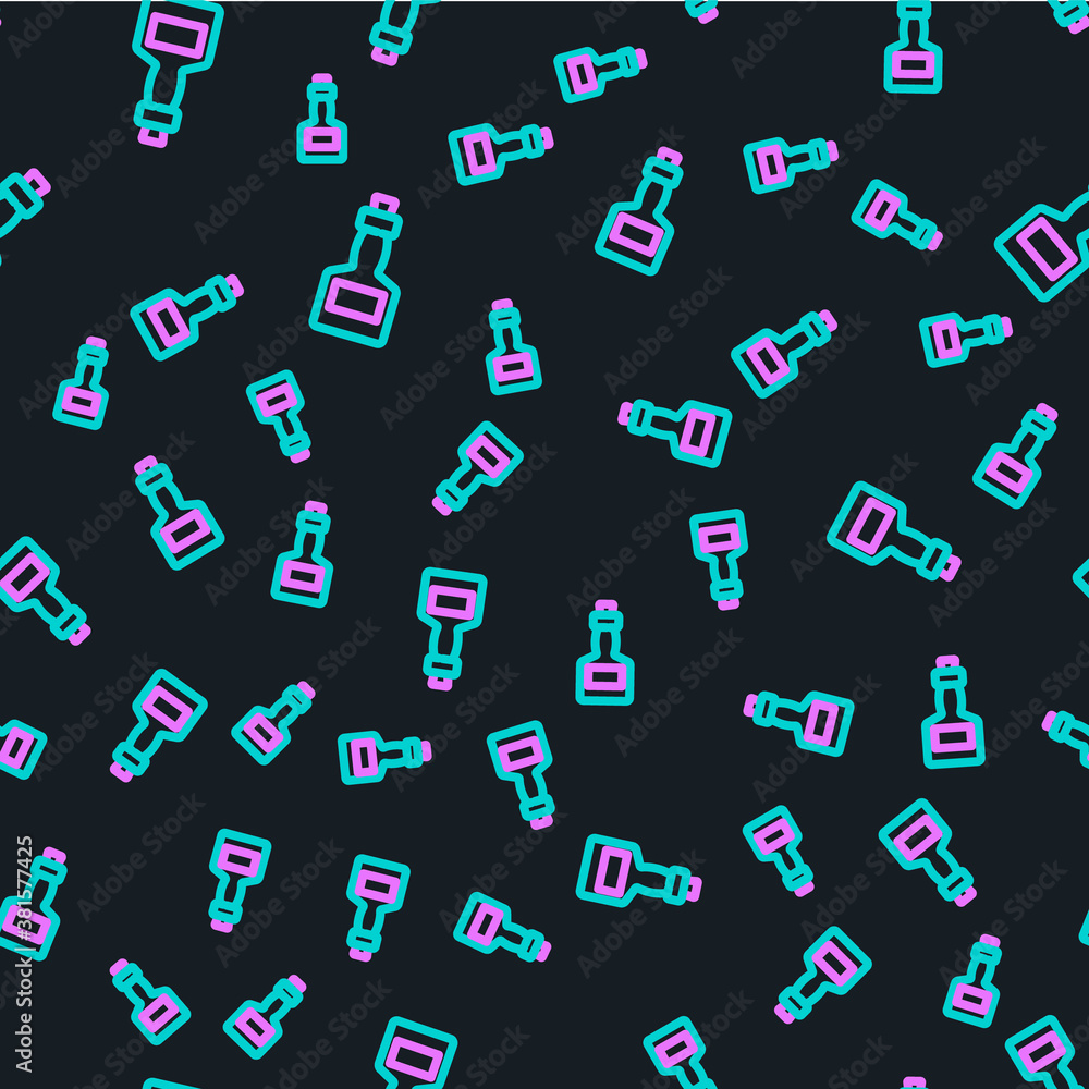 Line Tabasco sauce icon isolated seamless pattern on black background. Chili cayenne spicy pepper sa