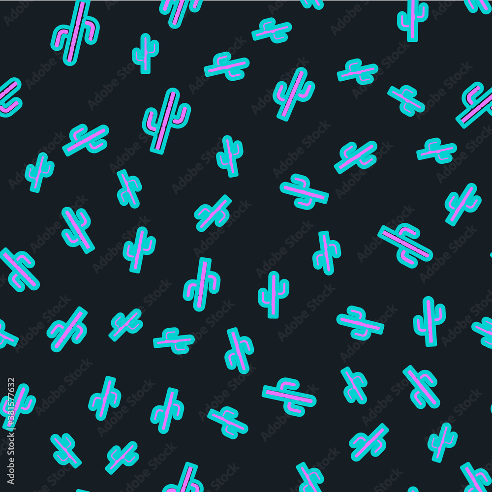 Line Cactus icon isolated seamless pattern on black background. Vector.