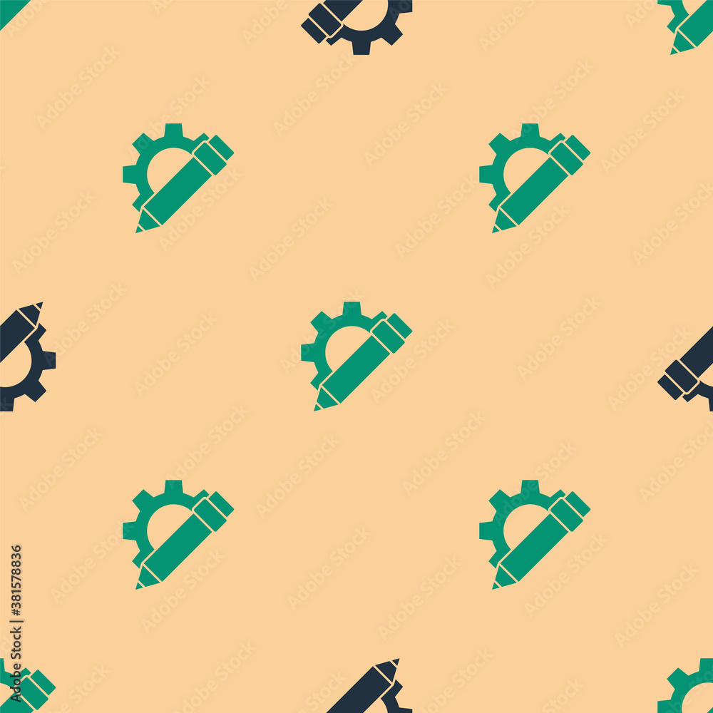 Green and black Pencil and gear icon isolated seamless pattern on beige background. Creative develop