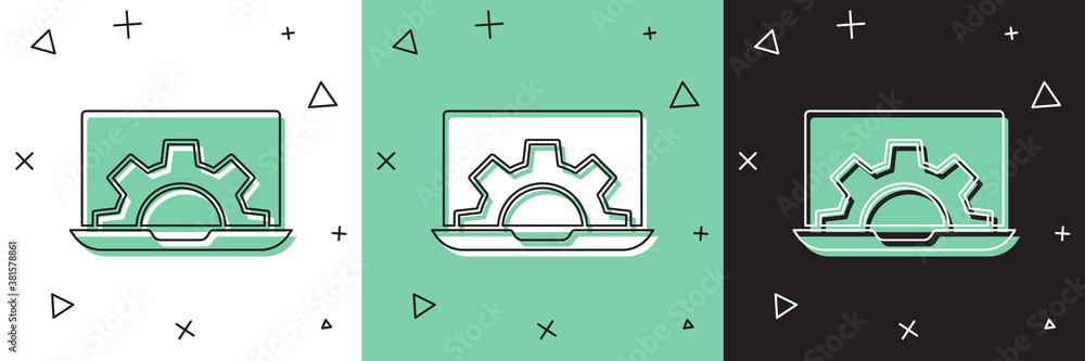 Set Laptop and gear icon isolated on white and green, black background. Adjusting app, setting optio