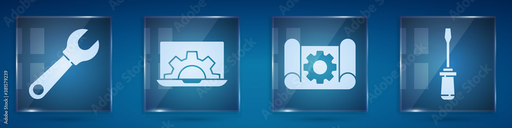 Set Wrench spanner, Laptop and gear, Graphing paper and gear and Screwdriver. Square glass panels. V