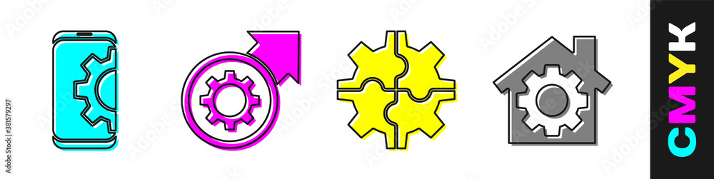 Set Setting on smartphone, Gear and arrows as workflow process, Gear and House with gear icon. Vecto